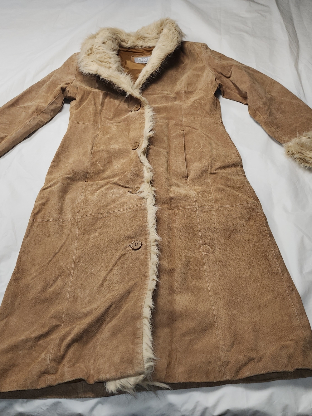 VTG Wilsons Leather Tan Suede Penny Lane Coat Cozy Cream Faux Fur Collar Small